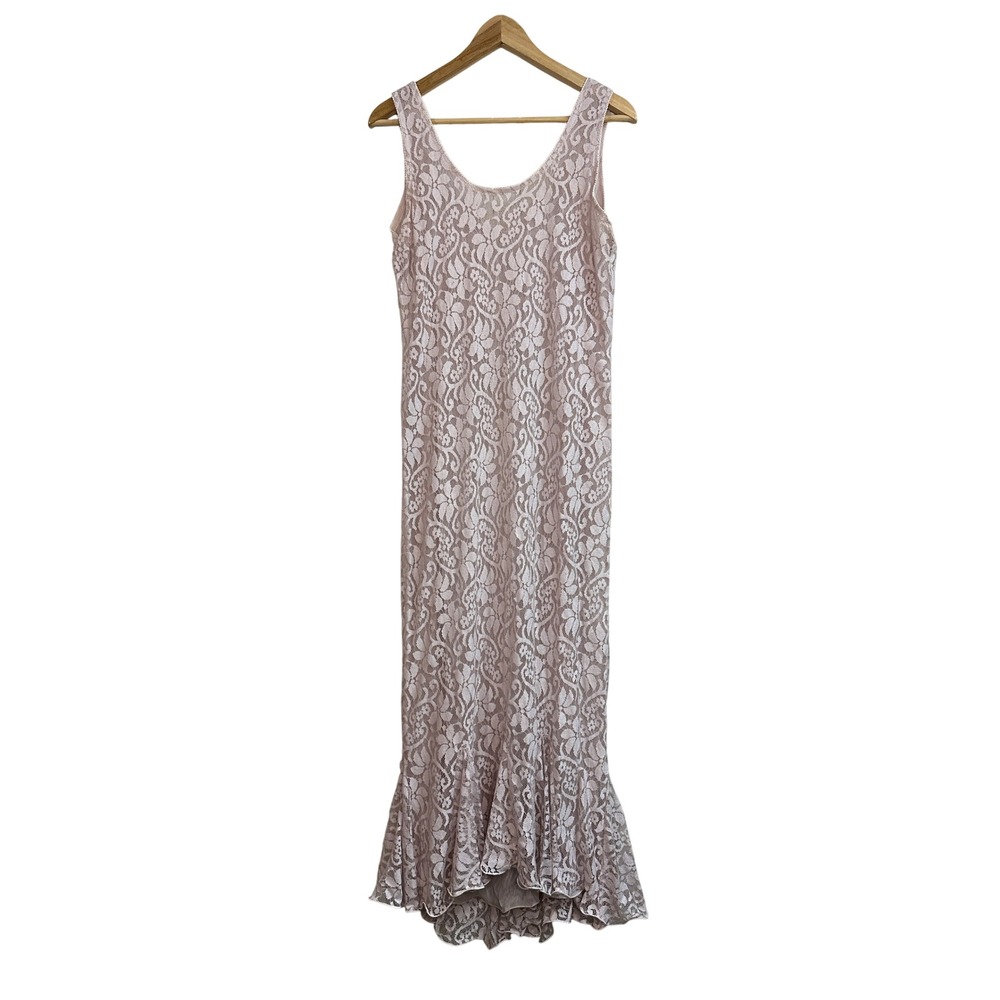 Vtg 90s Sara Mique New York Lace Fishtail Maxi Dress Pink Floral‎ Sheer L